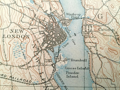 Antique New London, Connecticut 1893 US Geological Survey Topographic Map – Groton, Waterford, Coast Guard, Southold, Fisher Island, Lyme CT