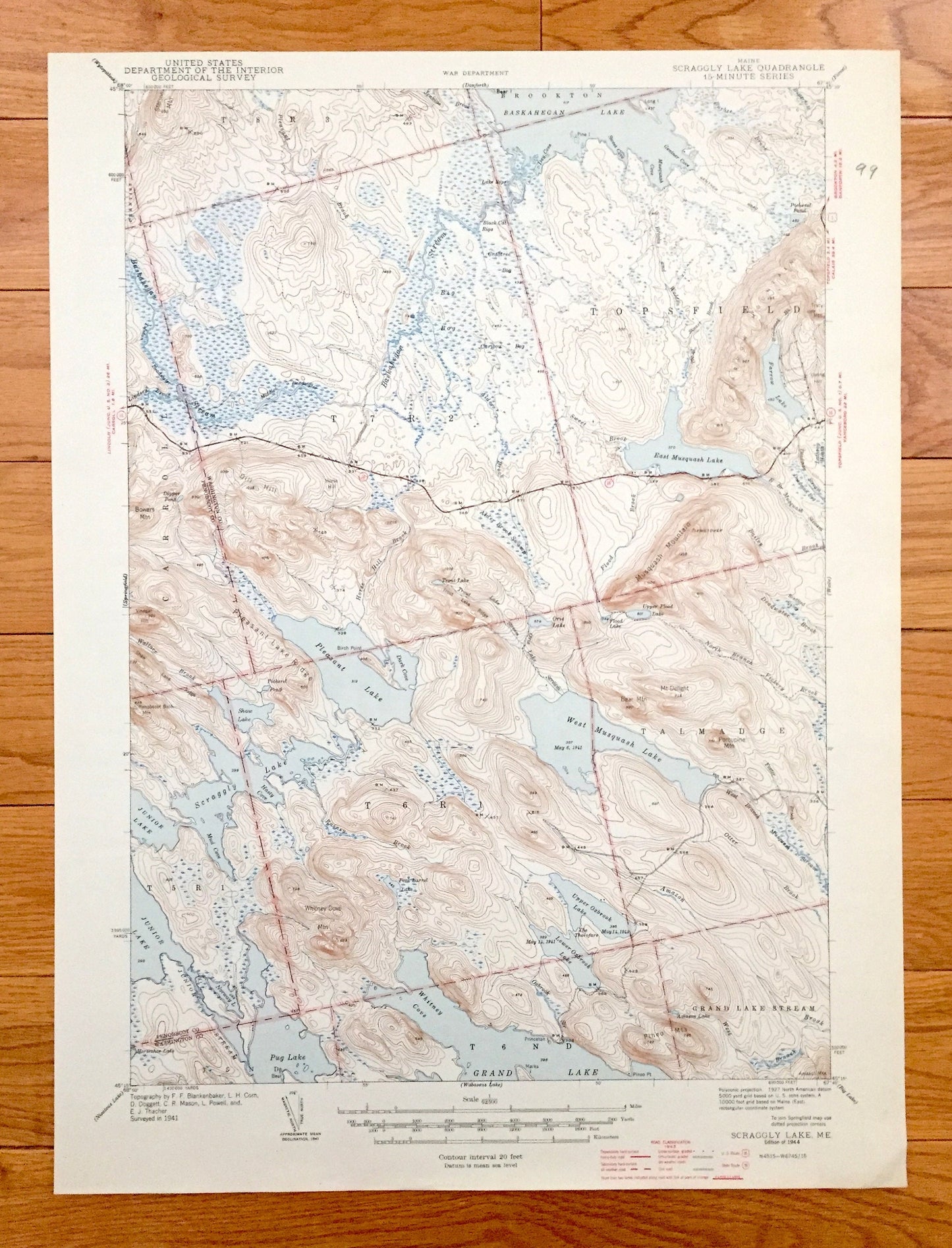 Antique Scraggly Lake, Maine 1944 US Geological Survey Topographic Map– Penobscot, Washington County, Talmadge, Grand Lake Stream, Topsfield