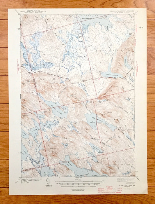 Antique Scraggly Lake, Maine 1944 US Geological Survey Topographic Map– Penobscot, Washington County, Talmadge, Grand Lake Stream, Topsfield