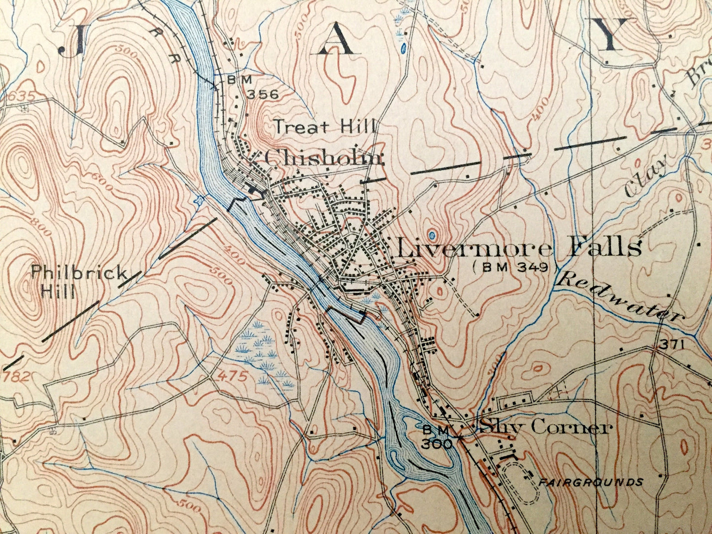 Antique Livermore Falls, Maine 1912 US Geological Survey Topographic Map – Androscoggin River & Lake, Wayne, Leeds, Fayette, Mount Vernon