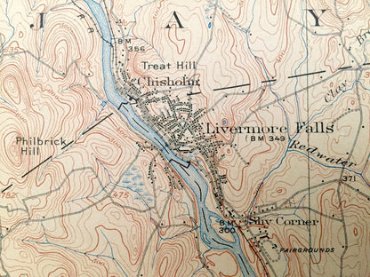 Antique Livermore Falls, Maine 1912 US Geological Survey Topographic Map – Androscoggin River & Lake, Wayne, Leeds, Fayette, Mount Vernon