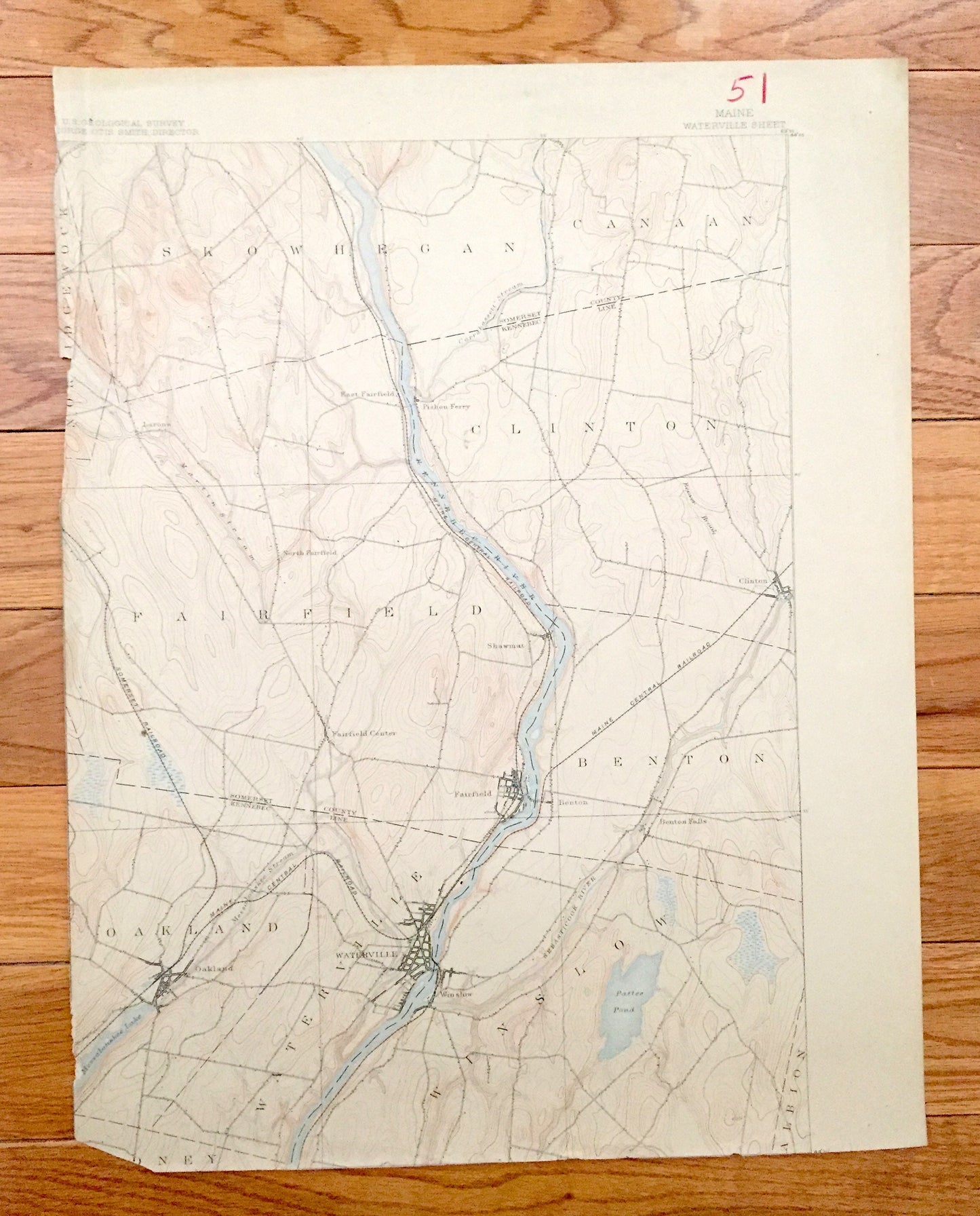 Antique Waterville, Maine 1892 US Geological Survey Topographic Map – Skowhegan, Fairfield, Benton, Oakland, Somerset Kennebec Colby College
