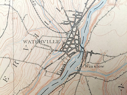 Antique Waterville, Maine 1892 US Geological Survey Topographic Map – Skowhegan, Fairfield, Benton, Oakland, Somerset Kennebec Colby College