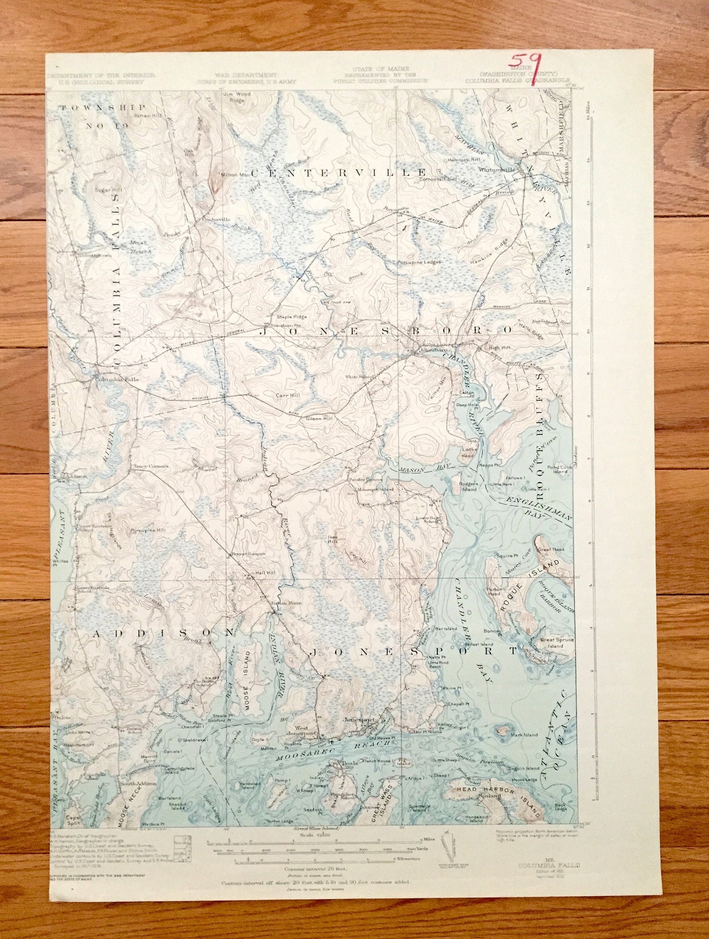 Antique Columbia Falls, Maine 1921 US Geological Survey Topographic Map – Jonesport, Jonesboro, Addison, Roque Bluffs, Marshfield Sealand ME