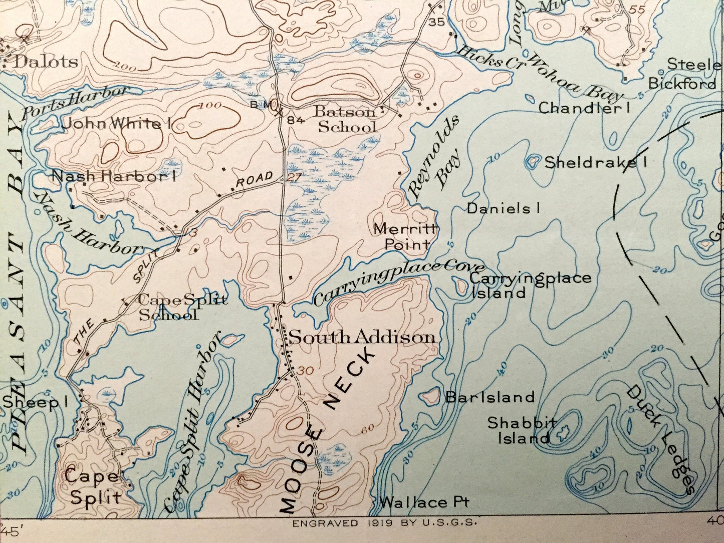 Antique Columbia Falls, Maine 1921 US Geological Survey Topographic Map – Jonesport, Jonesboro, Addison, Roque Bluffs, Marshfield Sealand ME