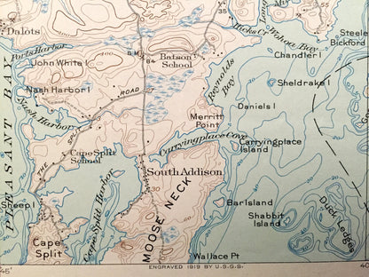 Antique Columbia Falls, Maine 1921 US Geological Survey Topographic Map – Jonesport, Jonesboro, Addison, Roque Bluffs, Marshfield Sealand ME