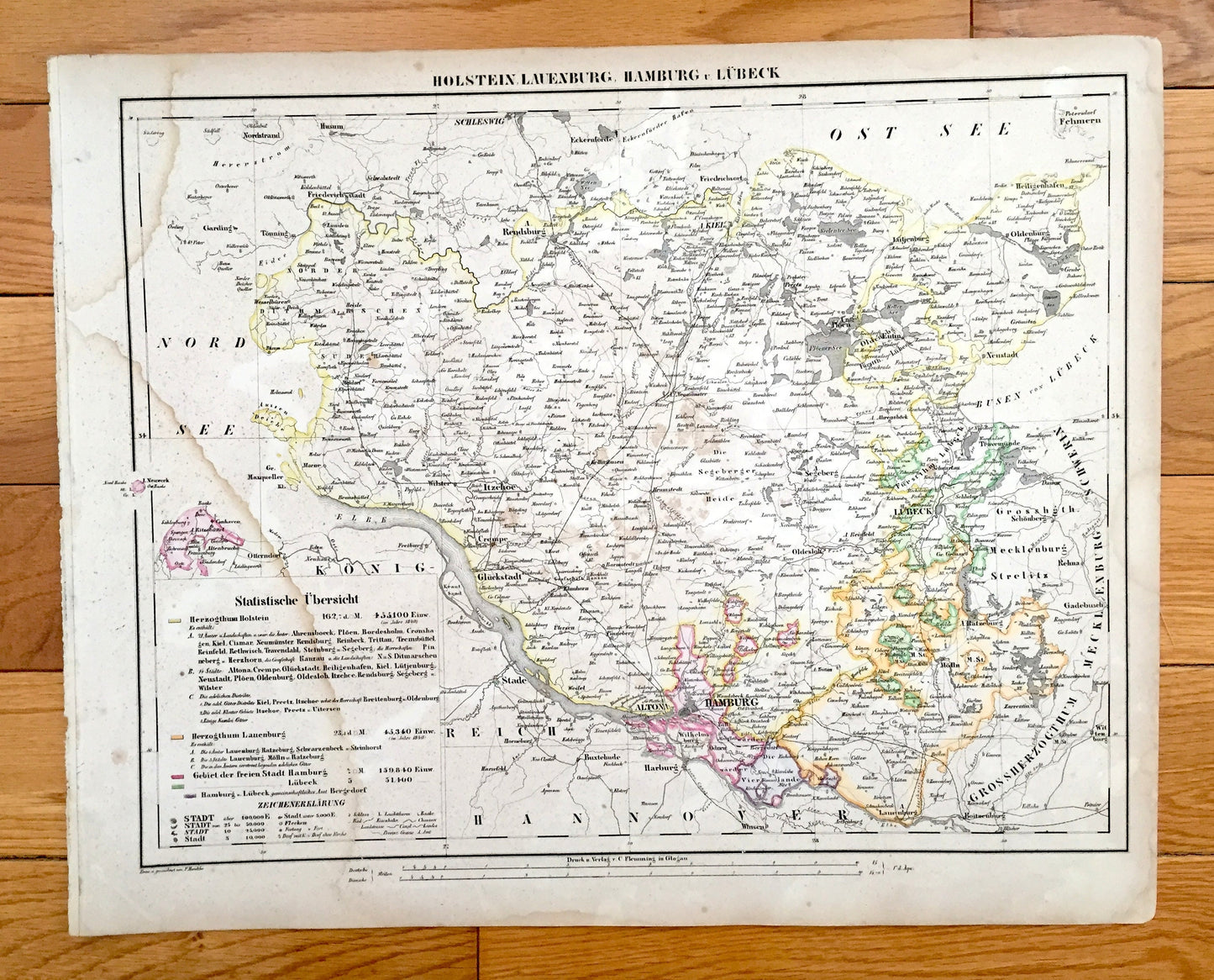 Antique 1855 Holstein, Lauenburg, Hamburg, Lübeck Map from Sohr Berghaus Atlas by Carl Flemming – Germany, Altona, Stade, Kiel, Bad Oldesloe