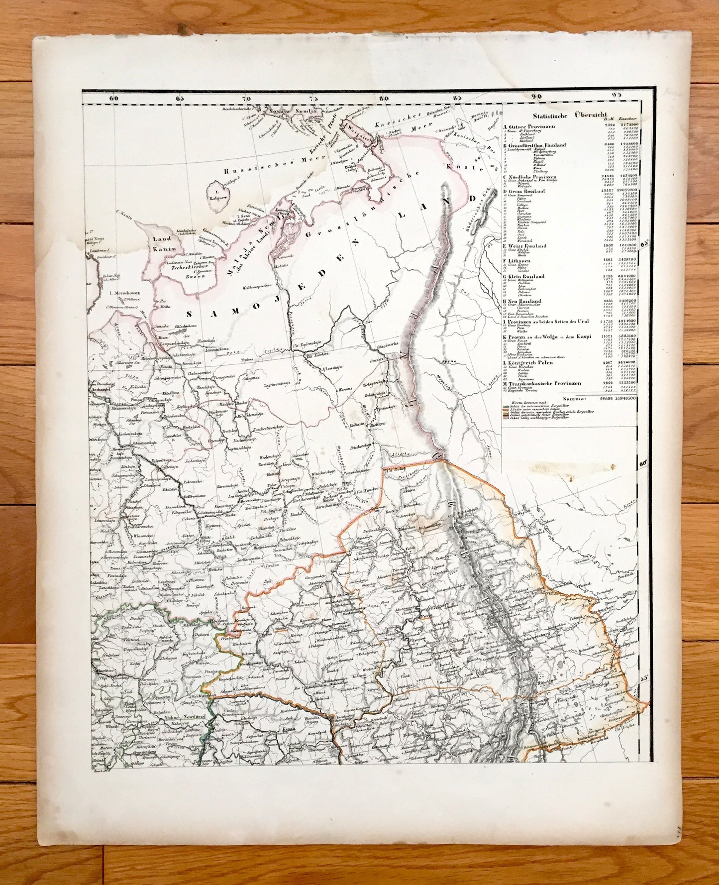 Antique 1855 Arctic Russia Map from Sohr Berghaus Atlas by Carl Flemming – Nizhny Novgorod, Perm, Kazan, Yekaterinburg, Arsk, Ural Mountains
