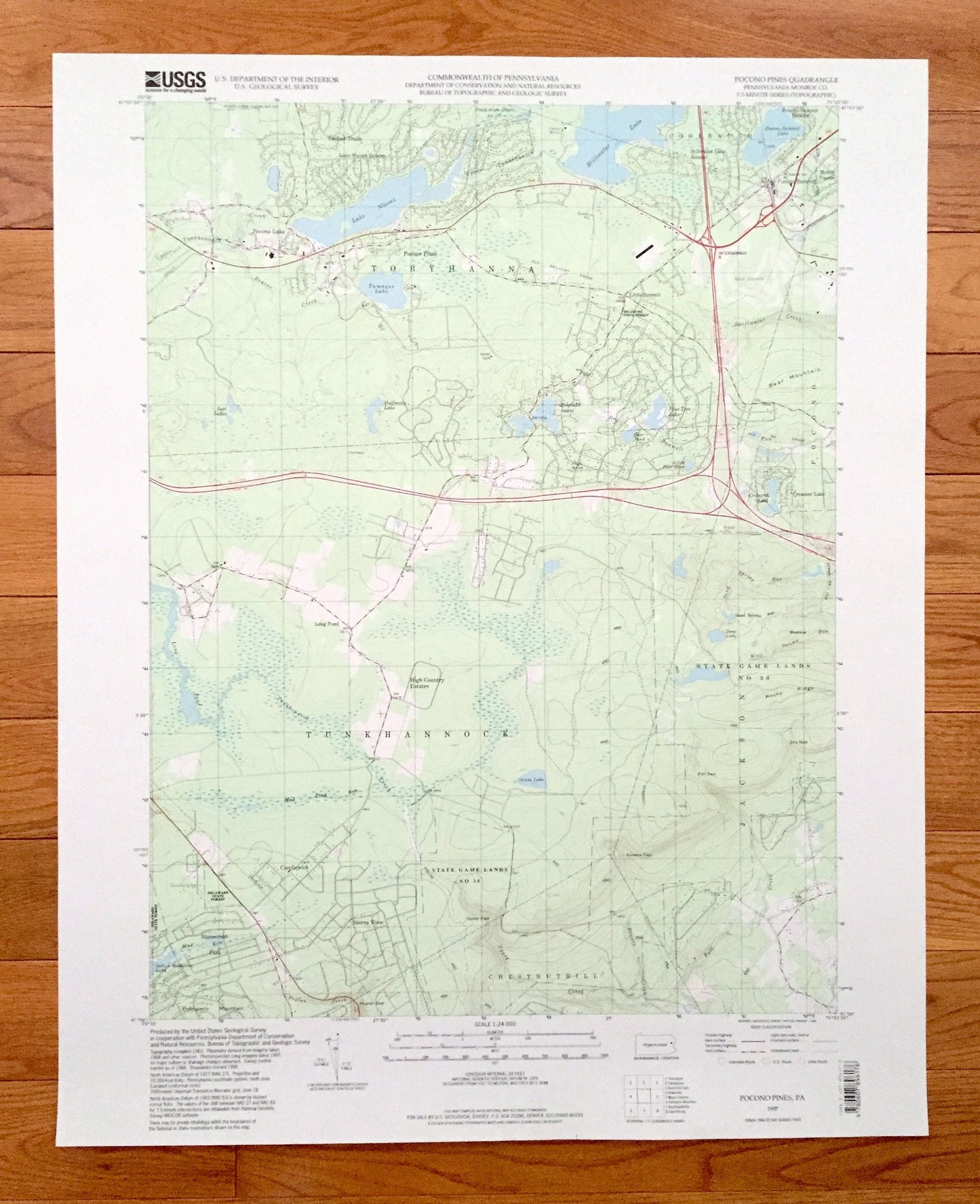 Antique Pocono Pines, Pennsylvania 1997 US Geological Survey Topographic Map – Monroe County, Tobyhanna, Bear Mountain, Lake Naomi, PA
