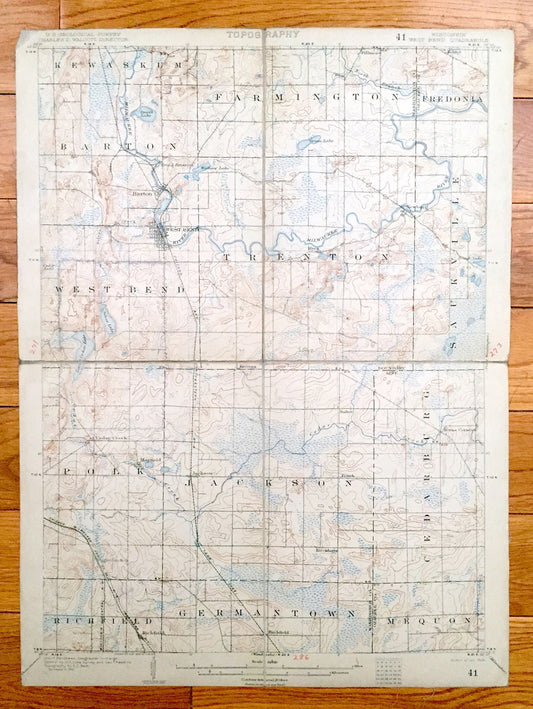 Antique West Bend, Wisconsin 1904 US Geological Survey Topographic Map – Trenton, Barton, Kewaskum, Farmington, Fredonia Saukville Mequon WI
