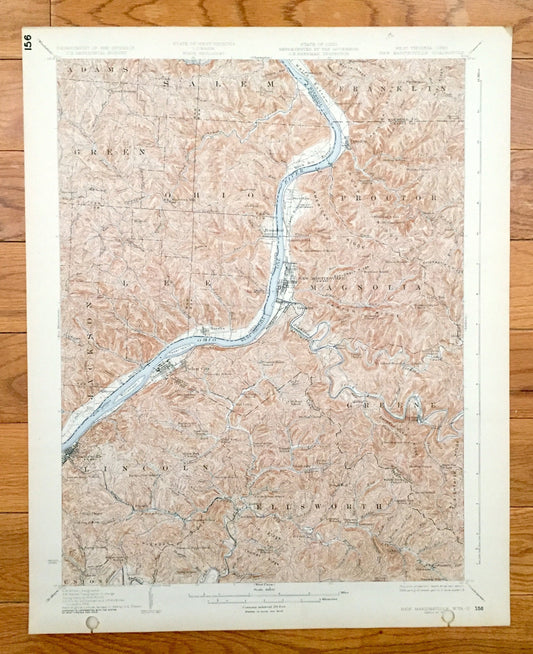 Antique New Martinsville, West Virginia 1926 US Geological Survey Topographic Map – Wetzel County, Magnolia, Brooklyn, Oak, Conaway, Goodwin