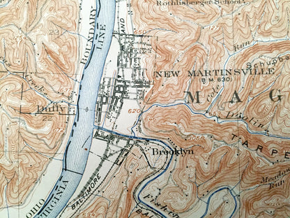 Antique New Martinsville, West Virginia 1926 US Geological Survey Topographic Map – Wetzel County, Magnolia, Brooklyn, Oak, Conaway, Goodwin