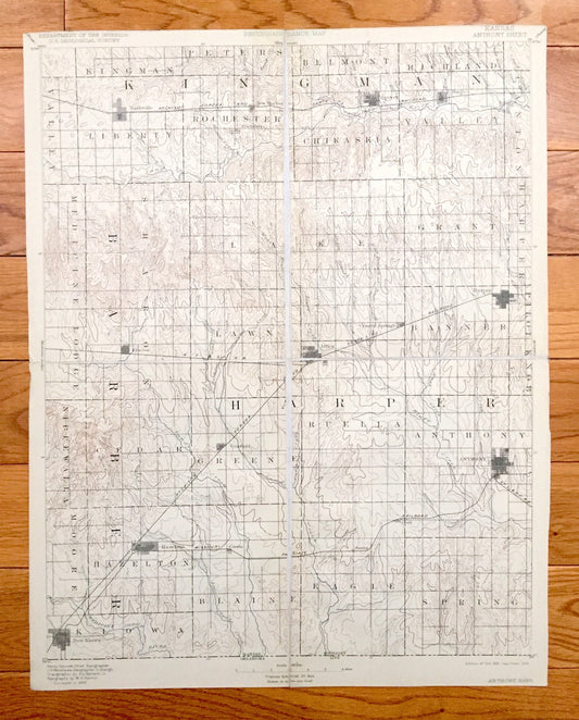 Antique Anthony, Kansas 1891 US Geological Survey Topographic Map – Ruella, Greene, Cedar, Hazelton, Blaine, Eagle, Spring, Sharon Banner KS