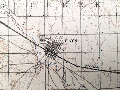 Antique Hays, Kansas 1896 US Geological Survey Topographic Map – Ellis, Big Creek, Catherine, Hartsook, Walker Paradise Victoria Lacrosse KS