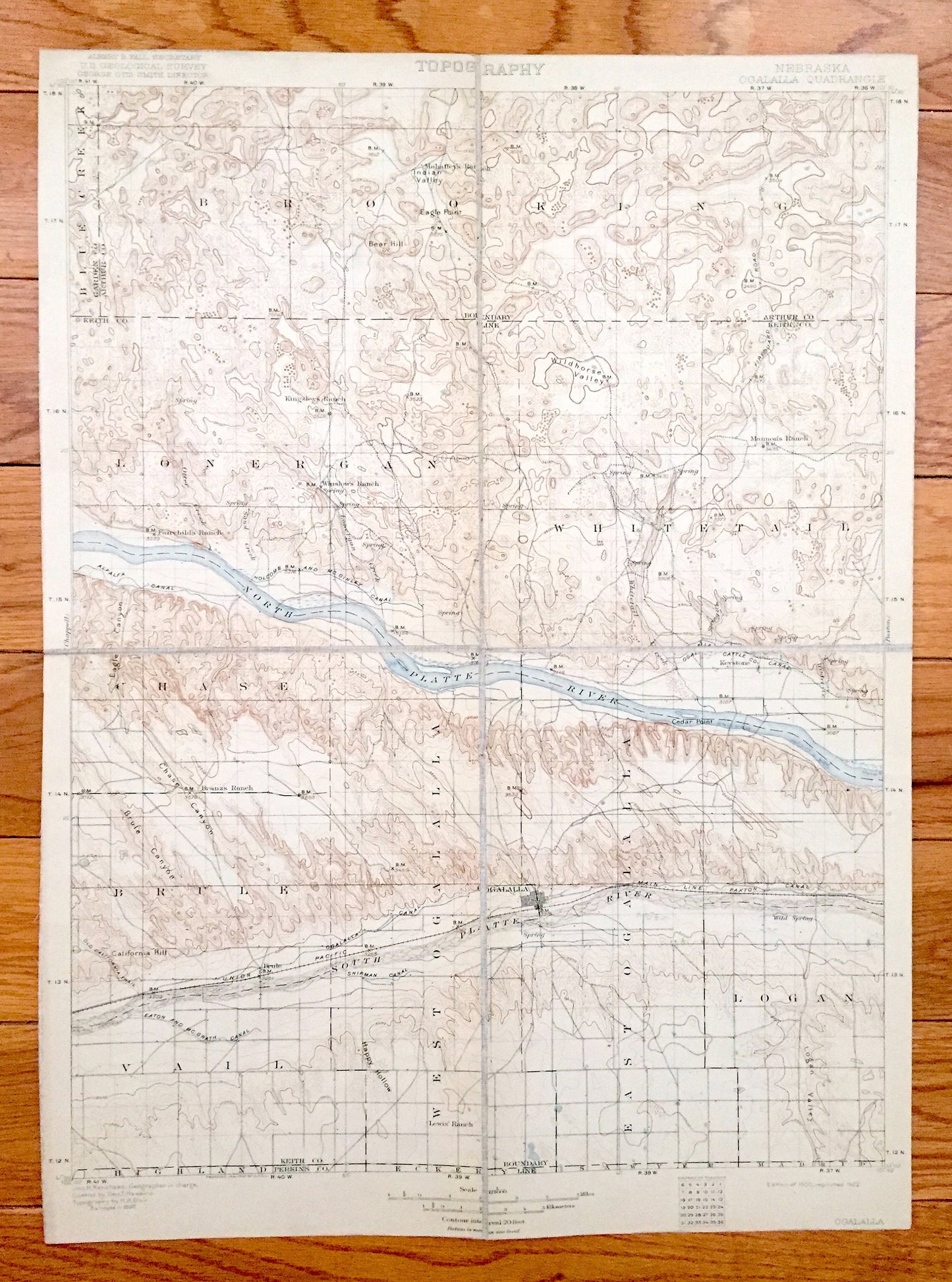 Antique Ogalalla, Nebraska 1900 US Geological Survey Topographic Map – Vail, Brule, Chase, Logan, Whitetail, Lonergan Brooking Blue Creek NE