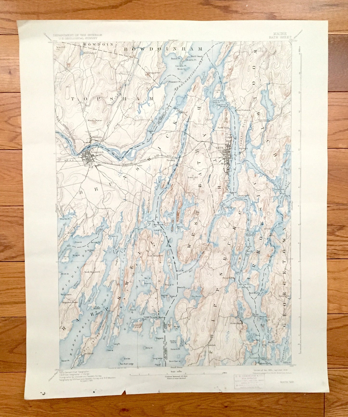 Antique Bath, Maine 1894 US Geological Survey Topographic Map – Brunswick, Topsham, Woolwich, Phippsburg, Harpswell, Georgetown Casco Bay ME