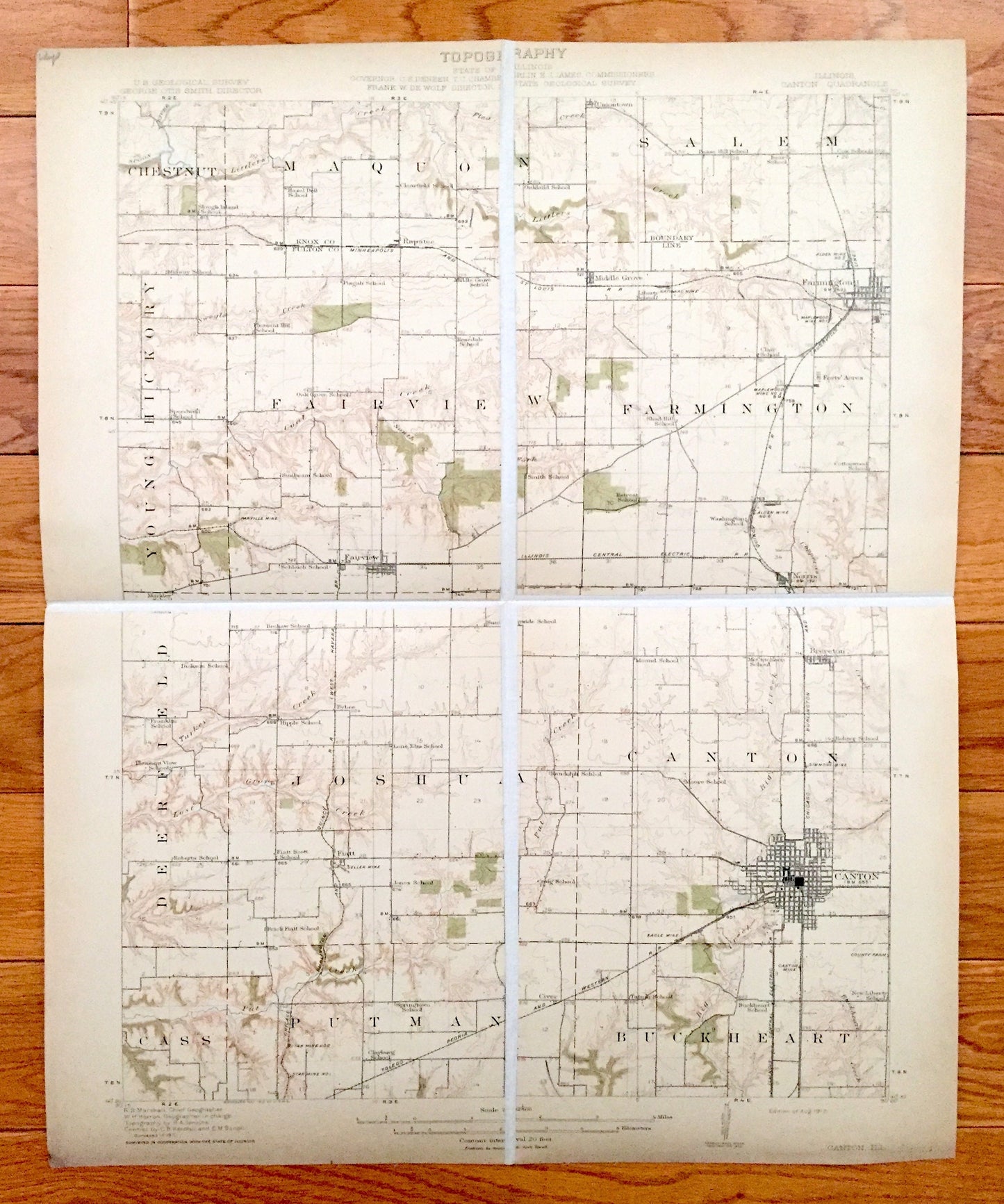 Antique Canton, Illinois 1912 US Geological Survey Topographic Map – Buckheart, Putman, Cass, Joshua, Deerfield, Young Hickory, Fairview, IL