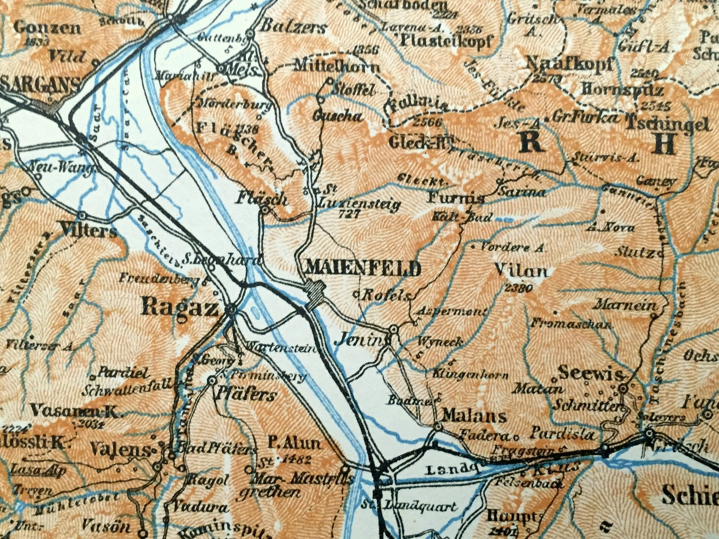 Antique 1913 Maienfeld, Switzerland Map from Baedekers Guide Atlas – Ragaz, Sevelen, Zizers, Schiers, Schruns, Bludenz, Chur, Ems, Sargans
