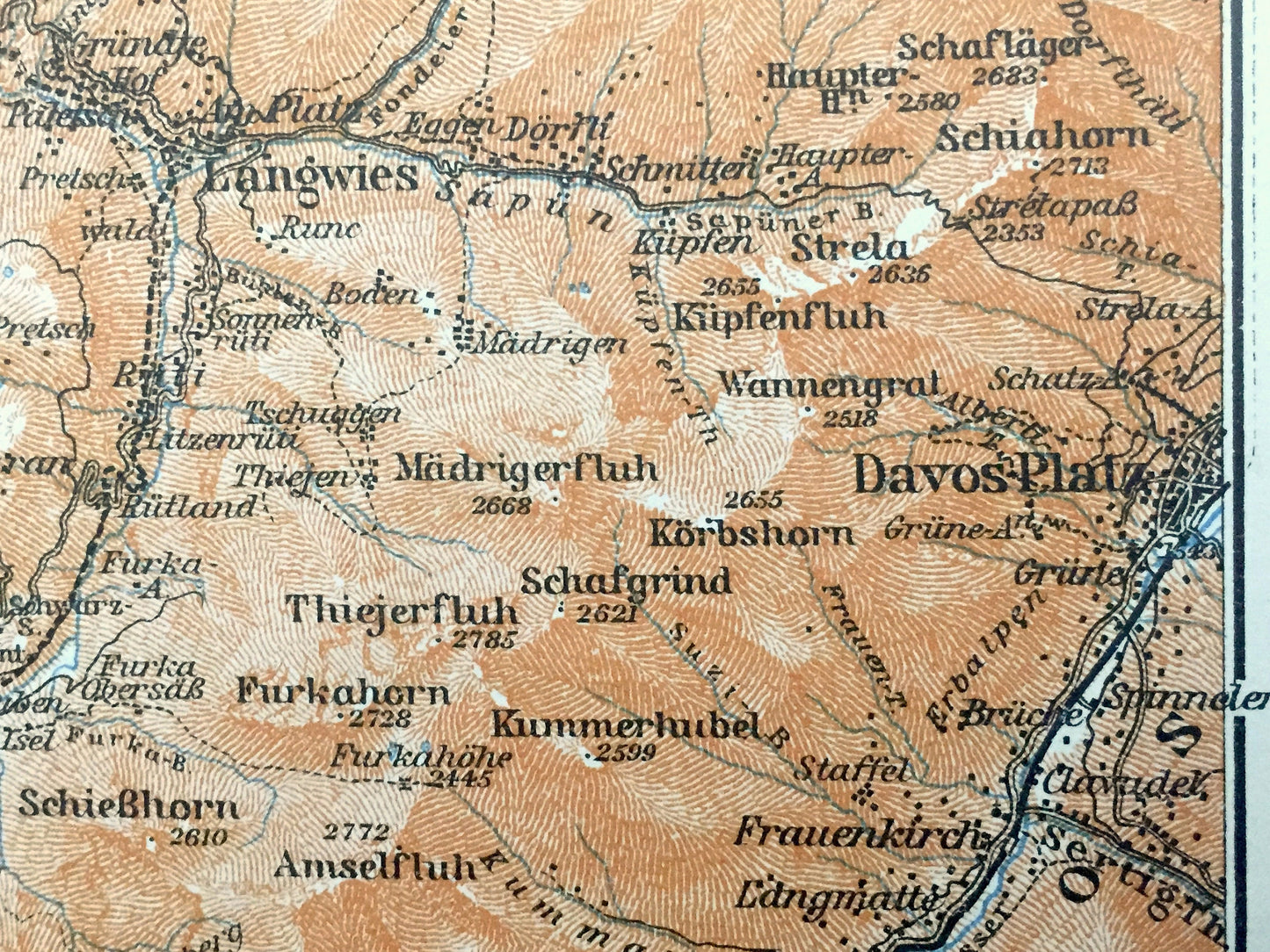 Antique 1913 Davos Platz, Switzerland Map from Baedekers Guide Atlas – Chur, Ems, Conters, Fideris, Arosa, Felsberg, Trimmis, Haldenstein
