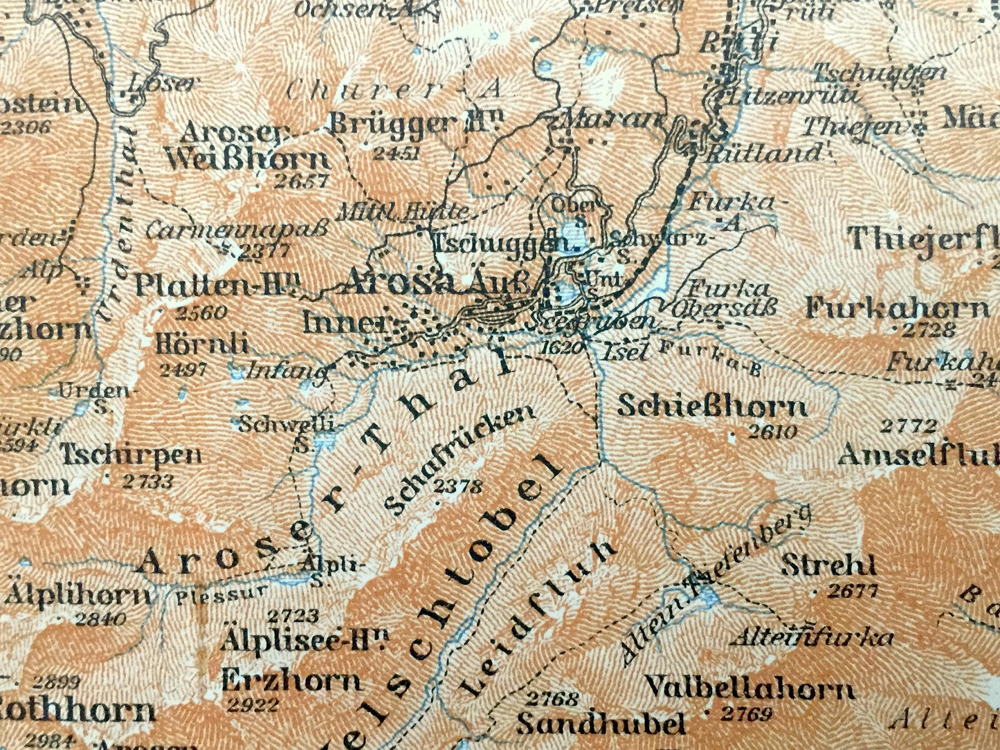 Antique 1913 Davos Platz, Switzerland Map from Baedekers Guide Atlas – Chur, Ems, Conters, Fideris, Arosa, Felsberg, Trimmis, Haldenstein