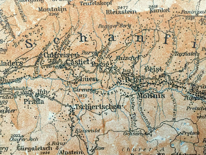 Antique 1913 Davos Platz, Switzerland Map from Baedekers Guide Atlas – Chur, Ems, Conters, Fideris, Arosa, Felsberg, Trimmis, Haldenstein