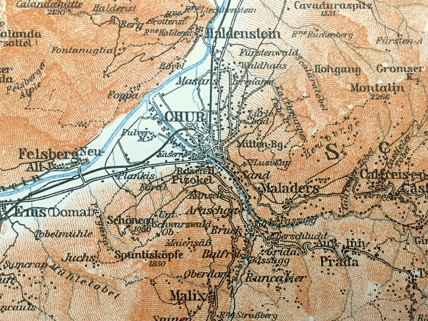Antique 1913 Davos Platz, Switzerland Map from Baedekers Guide Atlas – Chur, Ems, Conters, Fideris, Arosa, Felsberg, Trimmis, Haldenstein