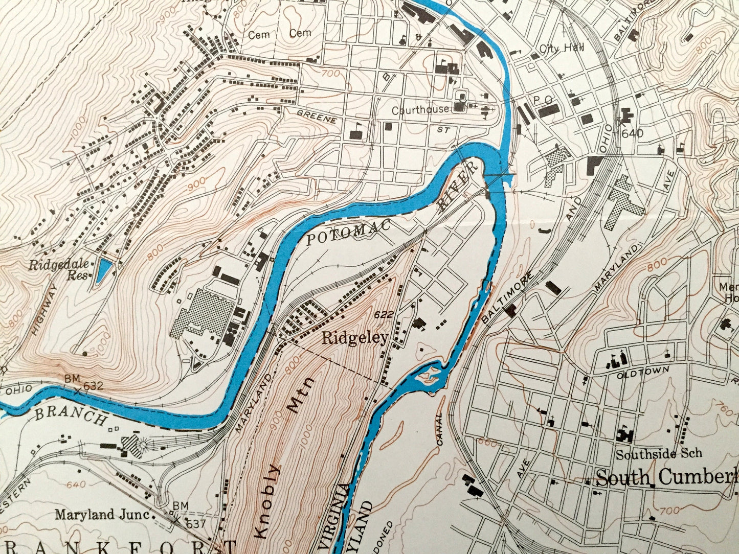 Antique Cumberland, Maryland 1949 US Geological Survey Topographic Map – Allegany County, Pennsylvania, West Virginia, Ridgeley Ellerslie MD