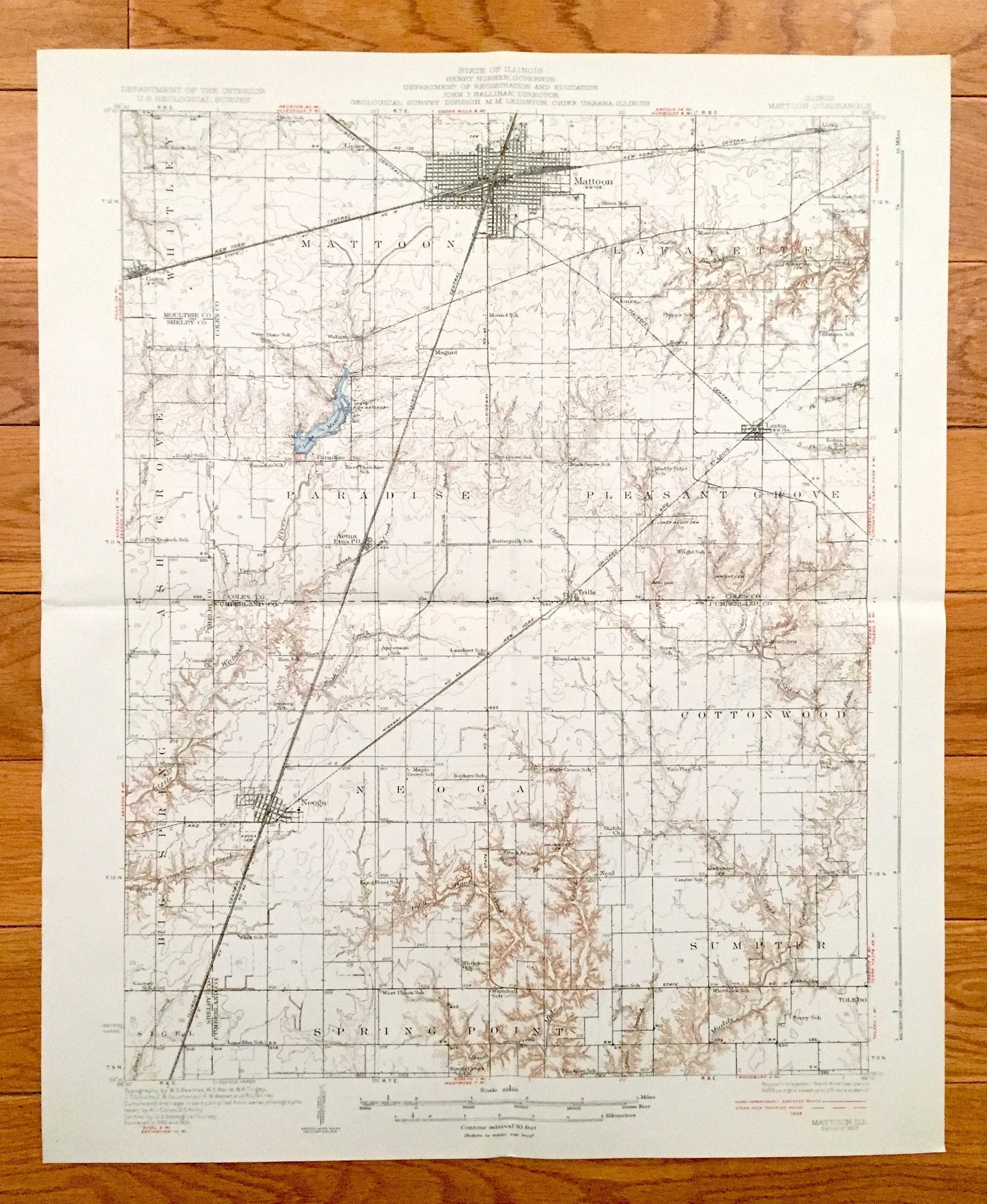 Antique Mattoon, Illinois 1937 US Geological Survey Topographic Map – Lafayette, Pleasant Grove, Cottonwood, Sumpter, Spring Point, Whitley