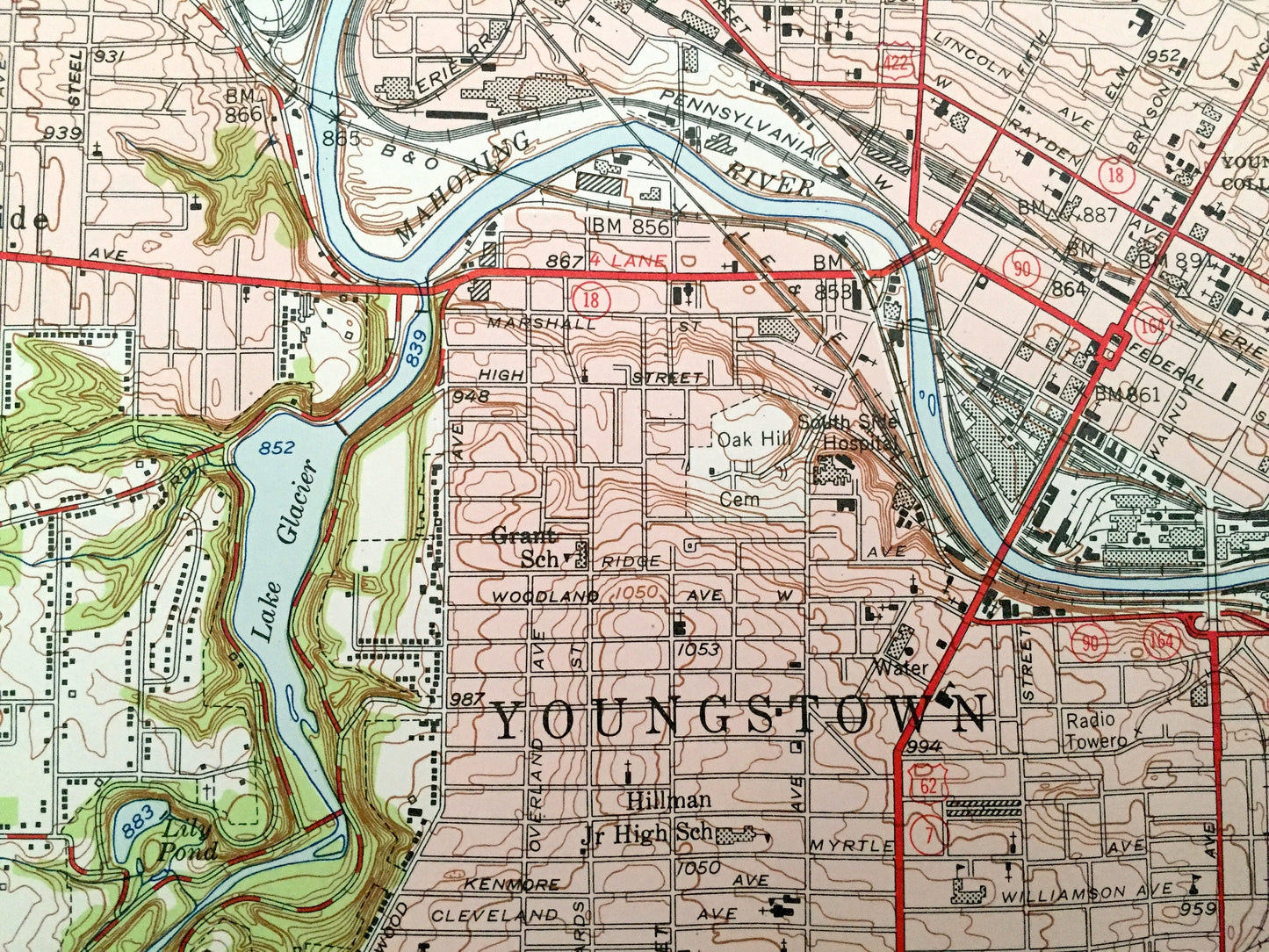 Antique Youngstown, Ohio 1954 WALL SIZE US Geological Survey Topographic Map – Mahoning County, Trumbull, Downtown North Heights Hazelton oh