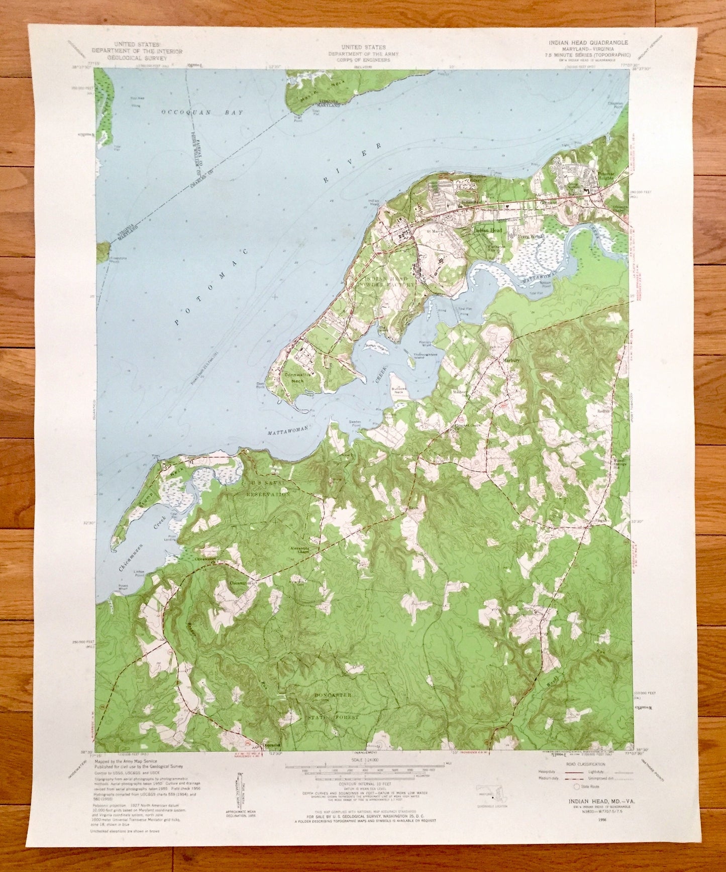 Antique Indian Head, Maryland & VA 1956 US Geological Survey Topographic Map – Charles County, Potomac Heights, Marbury Glymont Doncaster MD