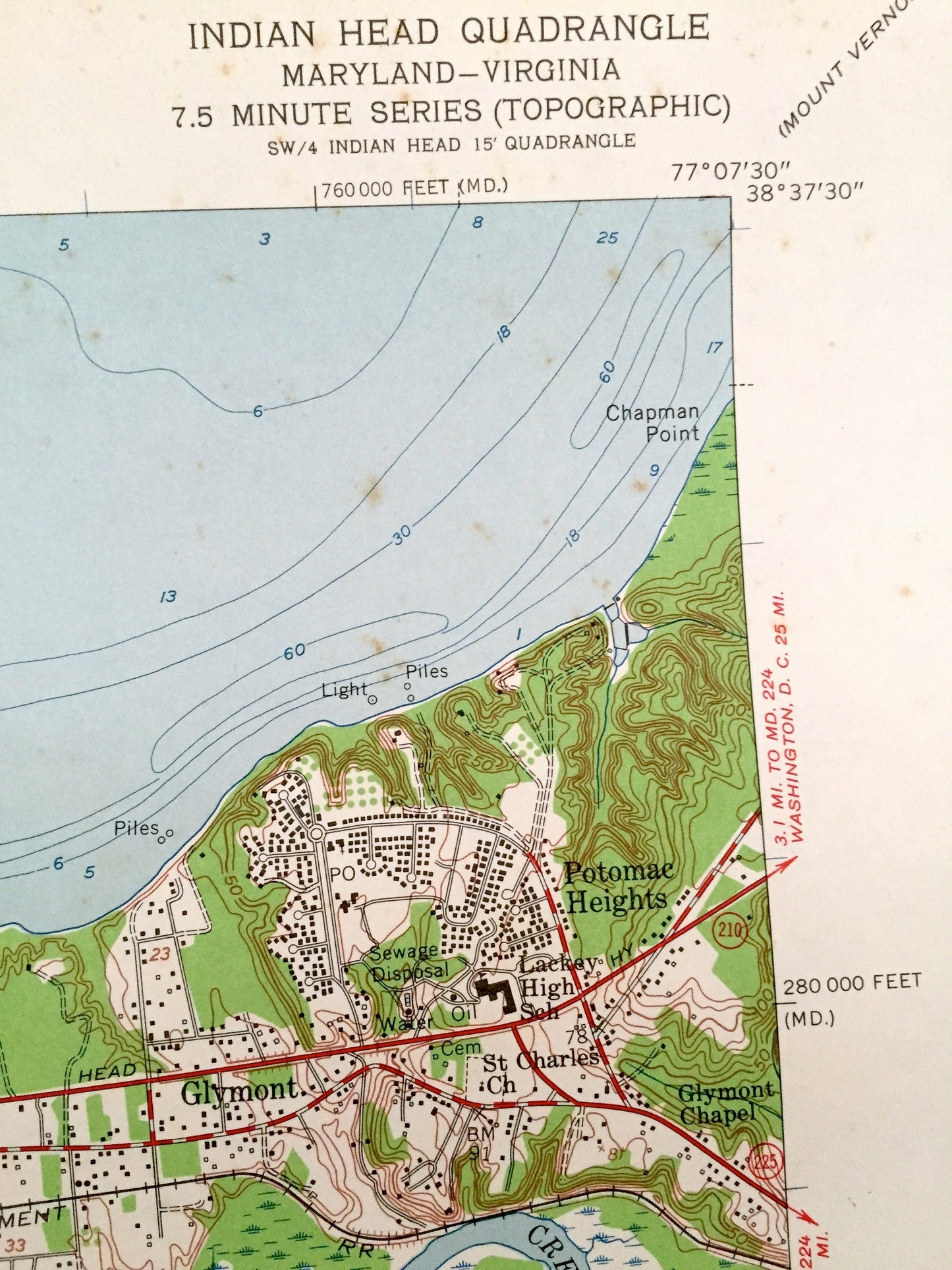 Antique Indian Head, Maryland & VA 1956 US Geological Survey Topographic Map – Charles County, Potomac Heights, Marbury Glymont Doncaster MD