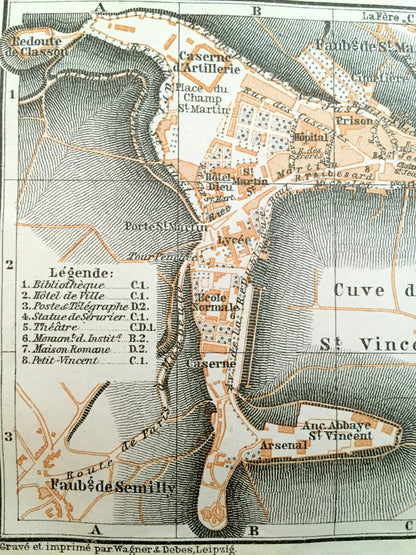 Antique 1909 Laon, France Map from Baedekers Guide Atlas – Faubourgs de St. Marcel, de Vaux, de Semilly, & d'Ardon, Aisne, Hauts-de-France