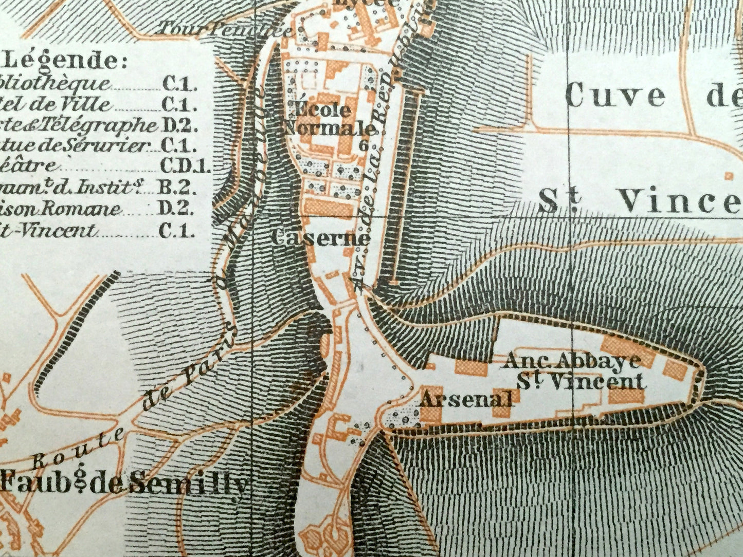 Antique 1909 Laon, France Map from Baedekers Guide Atlas – Faubourgs de St. Marcel, de Vaux, de Semilly, & d'Ardon, Aisne, Hauts-de-France