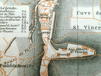 Antique 1909 Laon, France Map from Baedekers Guide Atlas – Faubourgs de St. Marcel, de Vaux, de Semilly, & d'Ardon, Aisne, Hauts-de-France
