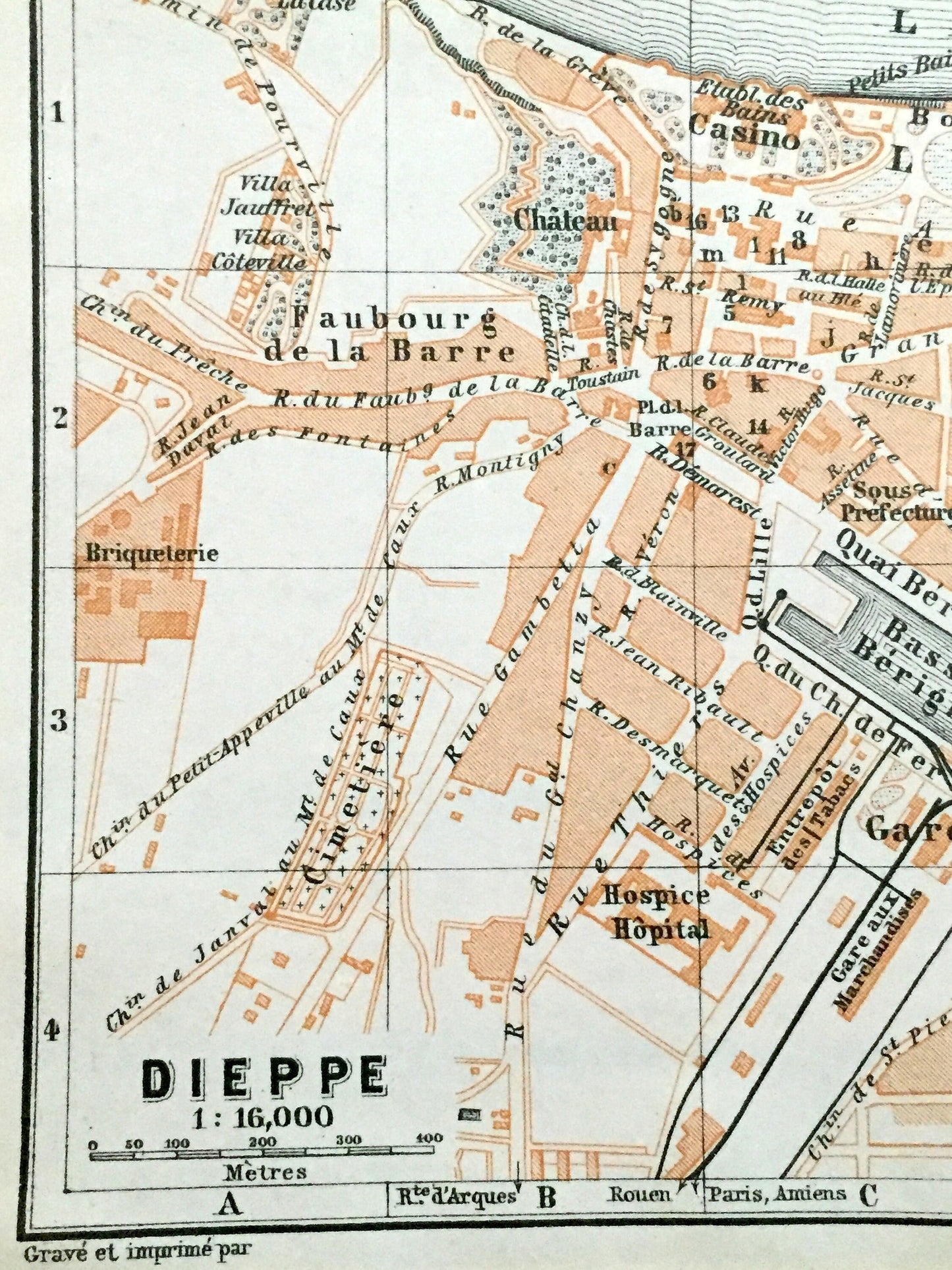 Antique 1909 Dieppe, France Map from Baedekers Guide Atlas – Normandy, beach, fishing port, WWII, Chateau de Dieppe, Gothic cathedral