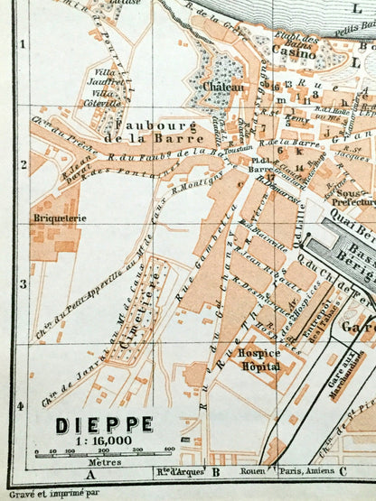 Antique 1909 Dieppe, France Map from Baedekers Guide Atlas – Normandy, beach, fishing port, WWII, Chateau de Dieppe, Gothic cathedral