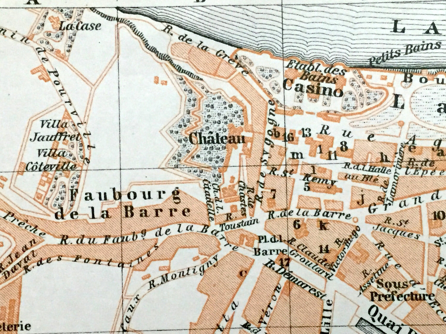 Antique 1909 Dieppe, France Map from Baedekers Guide Atlas – Normandy, beach, fishing port, WWII, Chateau de Dieppe, Gothic cathedral