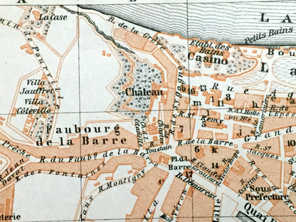Antique 1909 Dieppe, France Map from Baedekers Guide Atlas – Normandy, beach, fishing port, WWII, Chateau de Dieppe, Gothic cathedral