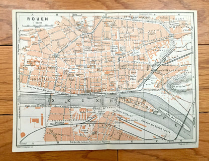 Antique 1909 Rouen, France Map from Baedekers Guide Atlas – Normandy, Seine River, Roman, Gothic, Medieval city, Notre Dame Cathedral