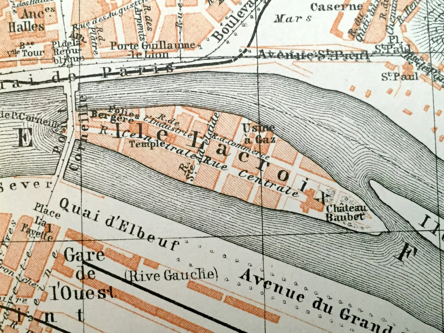Antique 1909 Rouen, France Map from Baedekers Guide Atlas – Normandy, Seine River, Roman, Gothic, Medieval city, Notre Dame Cathedral