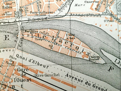 Antique 1909 Rouen, France Map from Baedekers Guide Atlas – Normandy, Seine River, Roman, Gothic, Medieval city, Notre Dame Cathedral