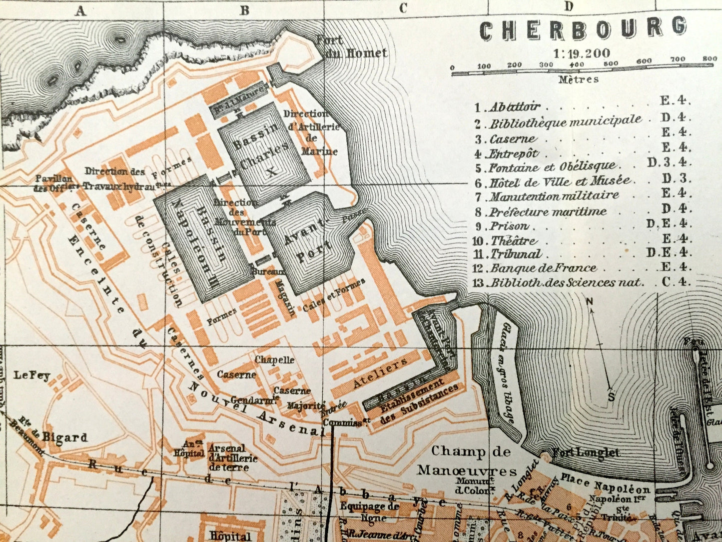 Antique 1909 Cherbourg, France Map from Baedekers Guide Atlas – Cotentin peninsula, Manche, Cherbourg-Octeville, Equeurdreville, Octeville