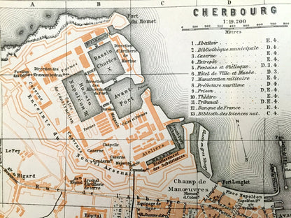 Antique 1909 Cherbourg, France Map from Baedekers Guide Atlas – Cotentin peninsula, Manche, Cherbourg-Octeville, Equeurdreville, Octeville