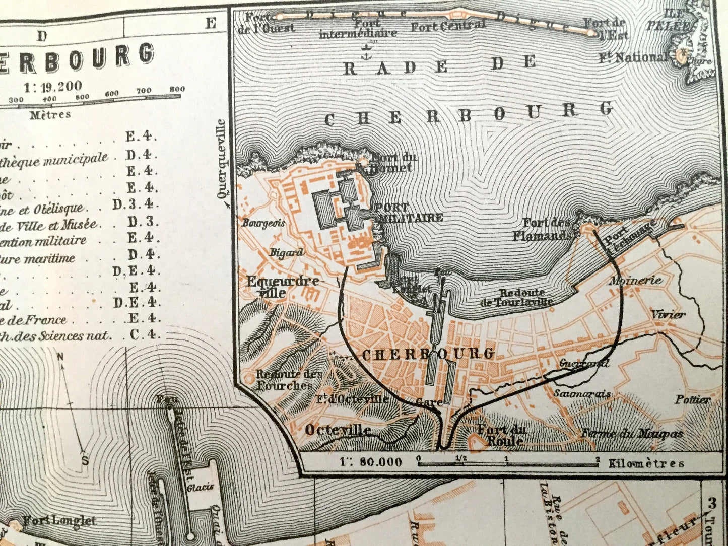 Antique 1909 Cherbourg, France Map from Baedekers Guide Atlas – Cotentin peninsula, Manche, Cherbourg-Octeville, Equeurdreville, Octeville
