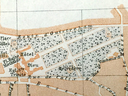 Antique 1909 Caen, France Map from Baedekers Guide Atlas – Calvados department, Normandy, Château de Caen, William the Conquerer, Hippodrome