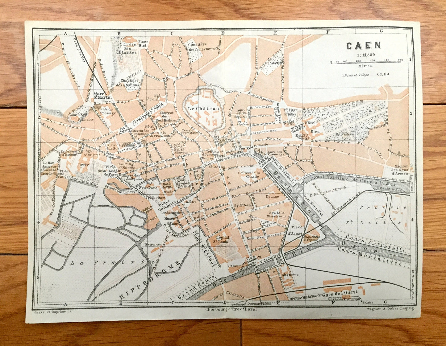 Antique 1909 Caen, France Map from Baedekers Guide Atlas – Calvados department, Normandy, Château de Caen, William the Conquerer, Hippodrome