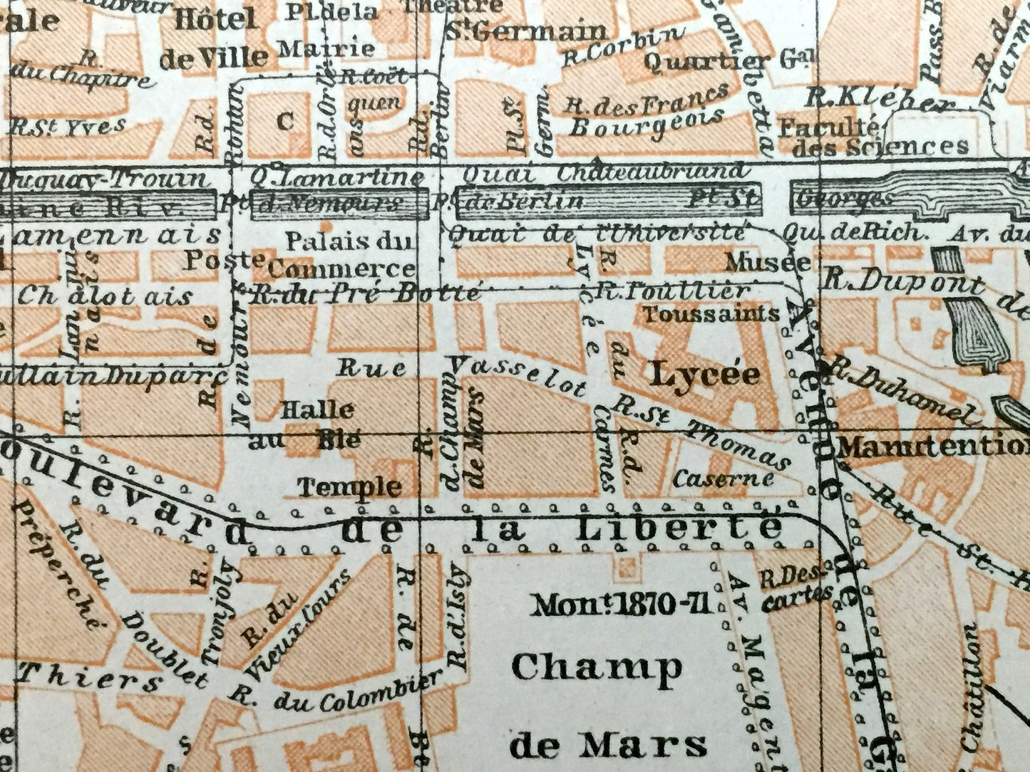 Antique 1909 Rennes, France Map from Baedekers Guide Atlas –  Brittany, Medieval, Cathedral, Vilaine River, Canal, Gare, Caserne, Seminary