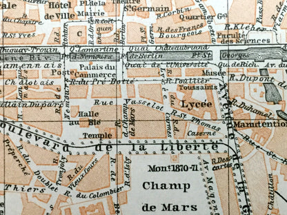 Antique 1909 Rennes, France Map from Baedekers Guide Atlas –  Brittany, Medieval, Cathedral, Vilaine River, Canal, Gare, Caserne, Seminary