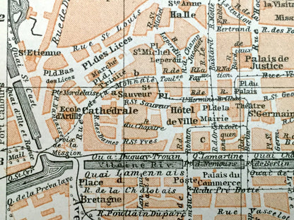 Antique 1909 Rennes, France Map from Baedekers Guide Atlas –  Brittany, Medieval, Cathedral, Vilaine River, Canal, Gare, Caserne, Seminary