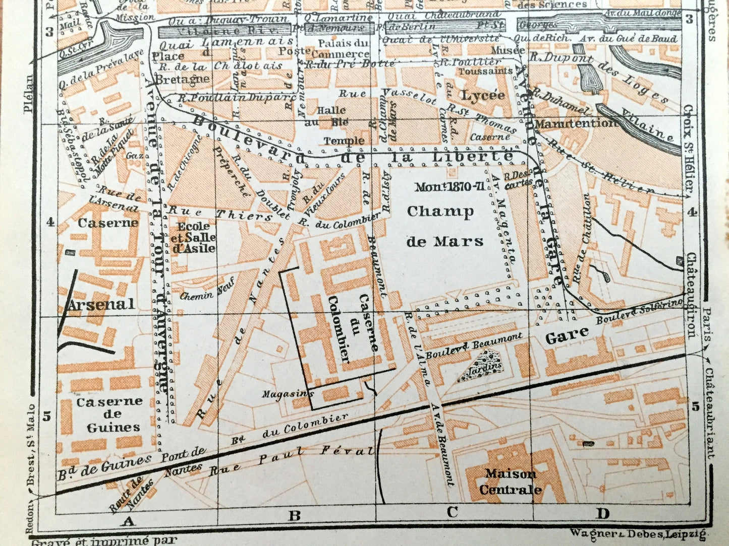 Antique 1909 Rennes, France Map from Baedekers Guide Atlas –  Brittany, Medieval, Cathedral, Vilaine River, Canal, Gare, Caserne, Seminary
